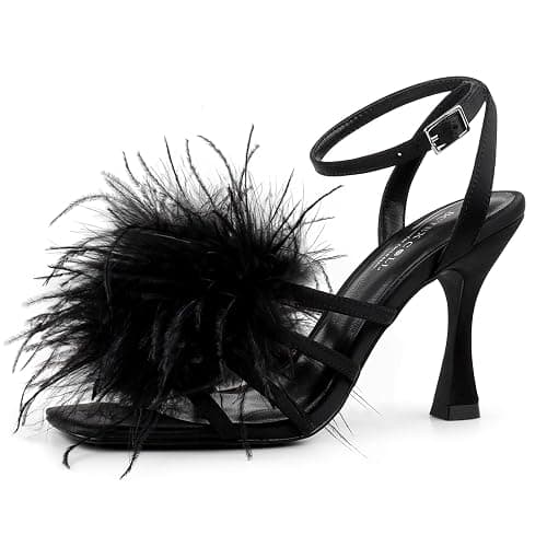 BCTEX COLL Women's Heeled Sandals Fluffy Feather Square Open Toe Ankle Strap Sexy Stiletto High Heels for Wedding Party Dance Evening - Image 1