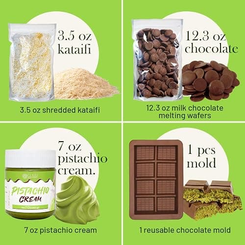 Dubai Chocolate Bar DIY Kit – Includes Mold, 12.3 oz Melting Wafers, 3.5 oz Kataifi, 7 oz Pistachio Spread – Gift Kit for Choco Lovers and Christmas, Make Your Own Gourmet Pistachio Chocolate at Home thumbnail 2