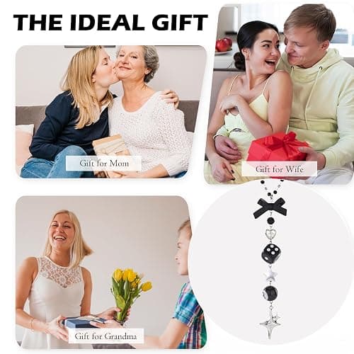 LuneClat Black Bow Car Mirror Chain Y2k 8 Ball Star Beaded Hanging Charm | Y2k Aesthetic Hanging Charm With 8 Ball And Star Pendant. Beaded Car Rearview Mirror Chain. Cute Car Interior Decor thumbnail 8