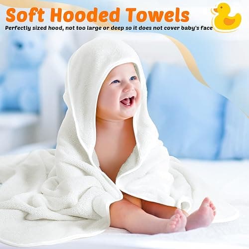 Reginary 4 Pack Baby Hooded Towels Coral Fleece Baby Bath Towels 30 x 30 Inch Soft Absorbent Hooded Bath Blanket for Newborn Toddler Infant Boy Girl Shower Gift Supplies (White) thumbnail 4