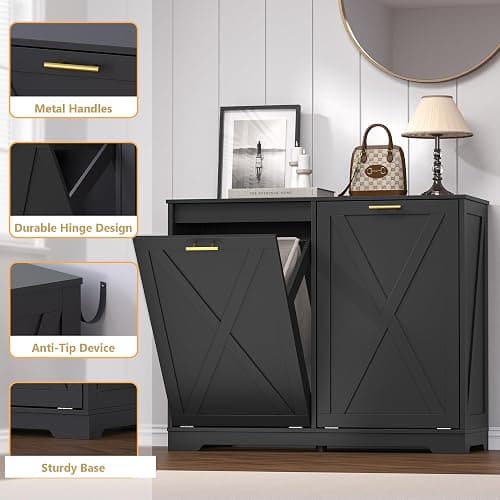 BORNOON Tilt Out Trash Can Cabinet for 2 Bins, Hidden Recycle Garbage Bin Enclosure, Wooden Double Laundry Cabinet with Odor Control, Negative Ion & Ozone, for Kitchen, Bathroom, Laundry Room thumbnail 5