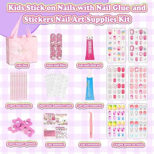 144 Pcs Press on Nails for Kids, Girls Fake Nails with Glue Kit, Cute Nails Tips with Jelly Nail Adhesive Teen Stick ons Acrylic Nails Gift Set for Girls 8-12 thumbnail 3