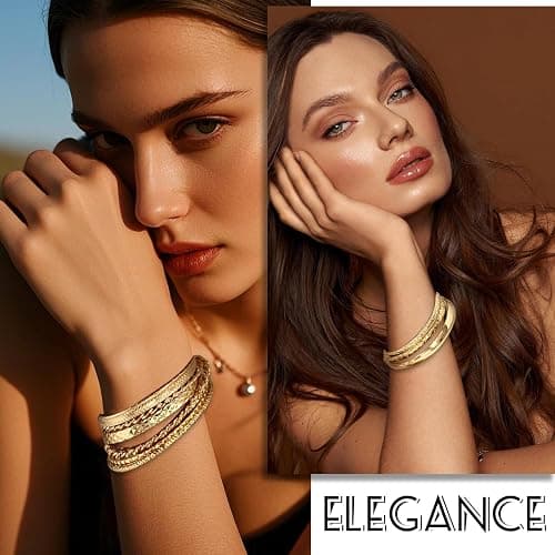 17IF Gold Bangle Bracelet For Women, 14k Multilayer Charm Textured Stackable Bracelets Boho Indian Chunky Cuff Fashion Jewelry Gift thumbnail 2