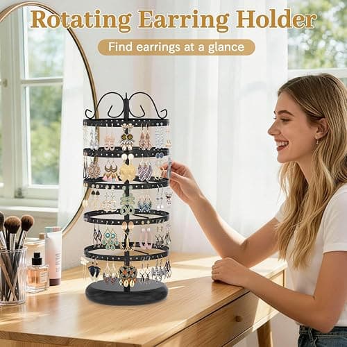 MODOWEY Rotating Earring Holder Organizer Stand, 5 Tier Metal Tree Display for Women Vendors, 220 Holes Adjustable Jewelry rack for Stud Hoop Dangle Storage, Trendy Carousel Keeps Dresser Neat, Black thumbnail 3