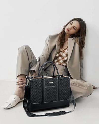 LOVEVOOK Laptoptasche Damen 15,6 Zoll, Wasserdicht Arbeitstasche Handtasche Groß Schultasche Shopper Business Tasche Aktentasche Lehrertasche, Leder Tote Bag Notebooktasche für Büro Uni Schwarz thumbnail 2