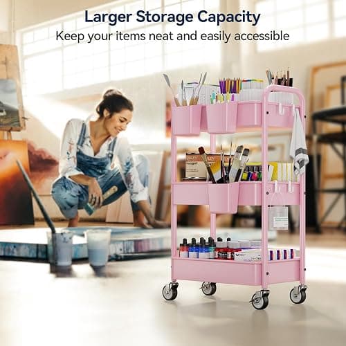 YASONIC 3-Tier Metal Rolling Cart, Heavy Duty Utility Cart with Lockable Wheels, Hanging Cups, Hooks, Mesh Rolling Storage Cart Craft Organizer, Lightweight and Sturdy, Pink thumbnail 6