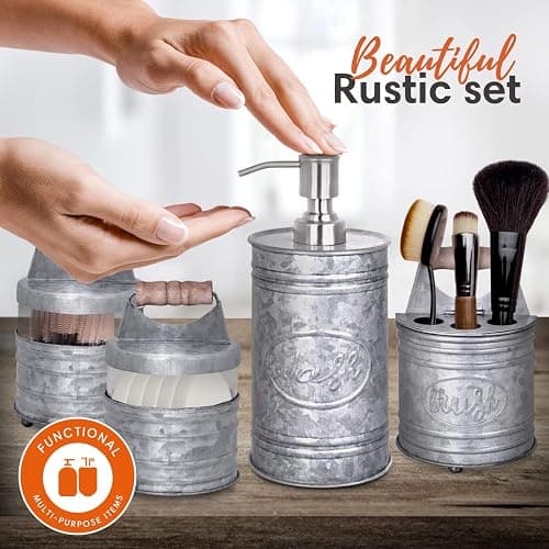 Autumn Alley Rustic Bathroom Accessories Set 4 - Galvanized Soap Dispenser, Rustic Toothbrush Holder, 2 Apothecary Jars Qtip Holder - Western Bathroom Decor – Farmhouse Bathroom Decor Accessories thumbnail 2