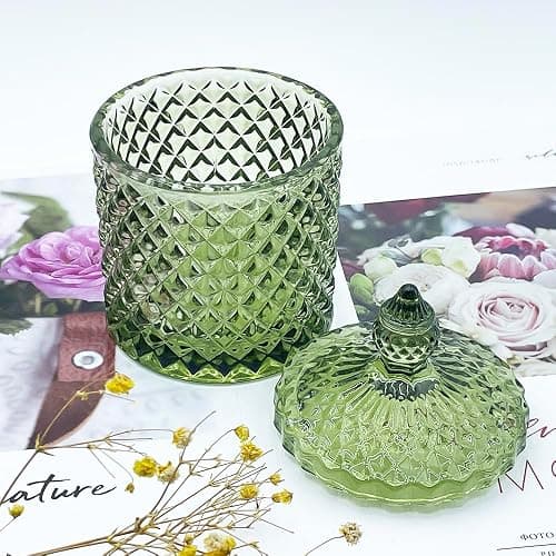 YILUSHENGHUA Colorful Glass Jar With Lid,Candy Cookie Jars,Jewelry Box,Christmas Decorative Jar(Olive Green) thumbnail 2