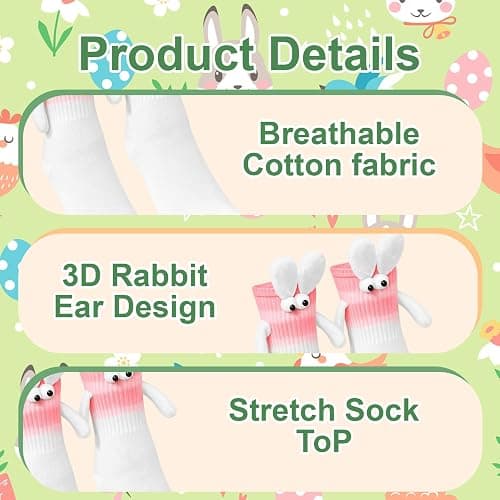 MIRJXB Easter Socks, Funny Magnetic Hand-Holding Bunny Socks 2 Pairs, Crazy Fun Novelty Gifts for Teens, Women, Family Holiday Celebrations, Pink and White Color Combination thumbnail 5