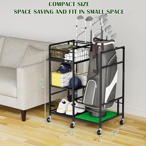 Golf Bag Storage Garage Organizer Golf Bag Stand for Single Golf Bag, Golf Clubs, and Golf Equipment Accessories Golf Bag Holder Storage Rack with Wheels for Garage, Club, Sports, Basement, Black thumbnail 2