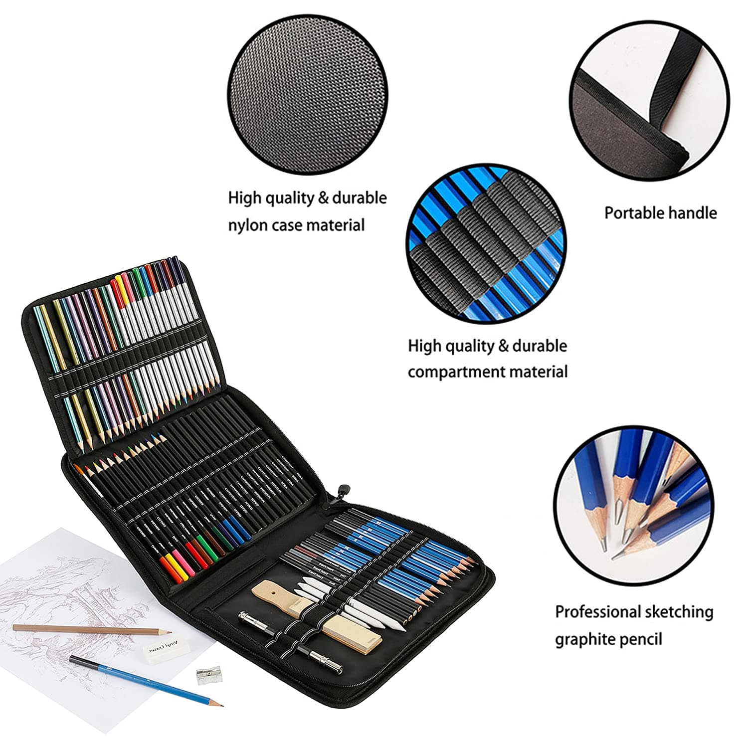 Conjunto profissional de lápis de cor ToneGrip para desenho e esboço com 72 unidades, lápis de cor grafite, ferramenta de haste de carvão, estojo de lona com zíper, para crianças adultos, adolescentes e artistas thumbnail 4