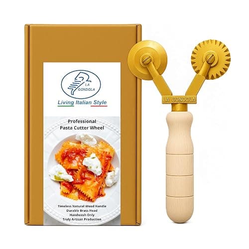 La Gondola Homemade Pasta Cutter - Double Wheel (Festooned & Smooth) | Pasta Making Tool for Home and Business | Brass & Natural Wood | Easy to Use Pasta Cutting Tool | Ravioli Cutter Made in Italy - Image 1