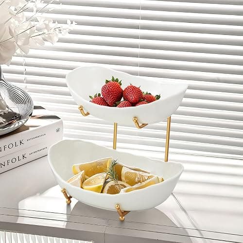 HOMKULA 2 Tier Ceramic Fruit Bowl for Kitchen Counter, Tiered Fruit Basket for Countertop, Modern Multi Layer Fruit Display Stand for Party, Cute (Gold&White, Small) thumbnail 6