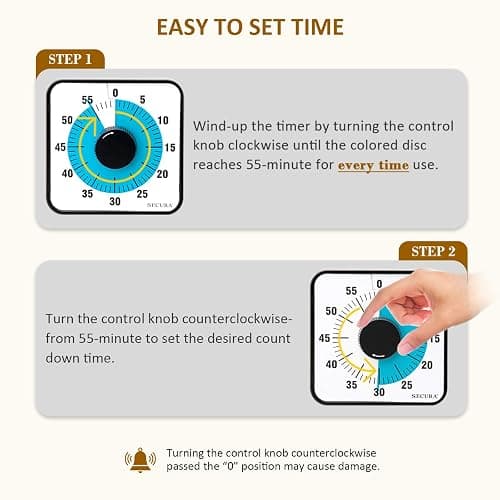 Secura 60-Minute Visual Countdown Timer, 7.5-Inch Oversize Classroom Visual Timer for Kids and Adults, Durable Mechanical Kitchen Timer Clock with Magnetic Backing (Blue) - Blue thumbnail 3