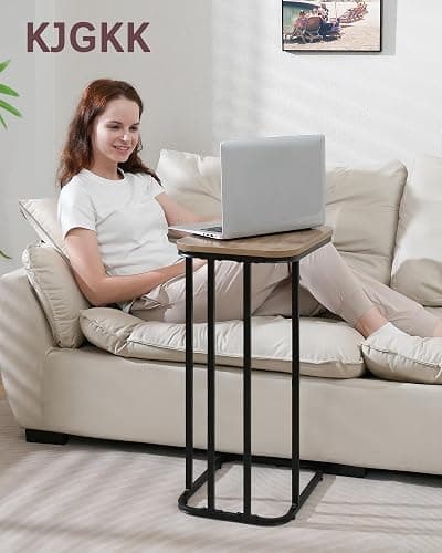 KJGKK C Shaped End Table, 27 Inches High Small Side Table for Sofa and Bed, Couch Table That Slides Under, Tall Tv Tray Table for Living Room, Bedroom, Metal Frame, Greige & Black thumbnail 2