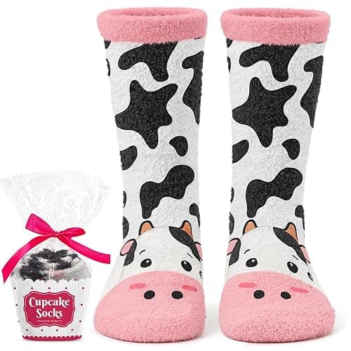 VICRAZY Cow Print Stuff Socks - Fuzzy Socks for Women with Funny cow Print Stuff, Stocking Stuffers, Christmas Gifts - Image 1