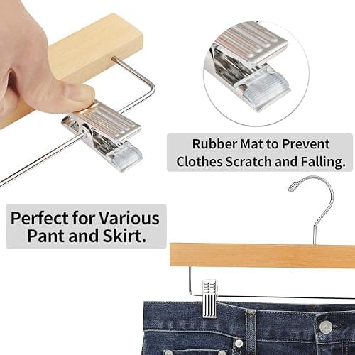 AMKUFO 20pcs Wooden Pants Hangers Solid Pants Hanger with Adjustable Clips 14 Inch Natural Wood Skirt Hangers Trousers Bottom Hanger with Non-Slip Clips and 360° Swivel Hook - Natural thumbnail 3