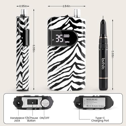 Lavinda 35000RPM Electric Nail Drill, Cordless Nail Drill Machine Portable Rechargeable Nail Efile for Acrylic Gel Nails, Manicure Pedicure Polishing Shaping Tool for Salon Home Use-Zebra Pattern thumbnail 4
