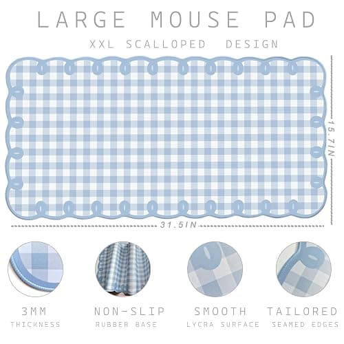 Cute Blue Scalloped Desk Mat Gingham Checkered Large Mouse Pad Kawaii Vintage Farmhouse-Inspired Cottagecore Office Desk Decor Stitched Nonslip Pad for Computer Keyboard & Mouse 31 * 15.7in thumbnail 5