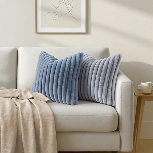 Simmore Faux Fur Couch Throw Pillow Covers 18x18 Set of 2, Decorative Soft Striped Plush Pillow Covers with Velvet Back for Sofa Bed Living Room, Black thumbnail 5