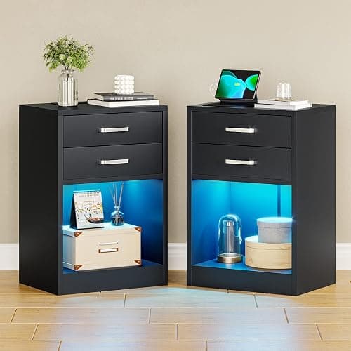 ADORNEVE LED Nightstands Set of 2,Night Stands for Bedrooms Set of 2,Nightstand with Charging Station and LED Lights,Black Bedside Table with Power Outlets & Drawers,Modern End Side Table - Image 1