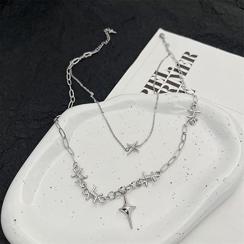 Buyongwant Star Necklace for Women Irregular Y2k Pendant Four pointed Star Double Layer Chain Fashion Jewelry Silver thumbnail 4