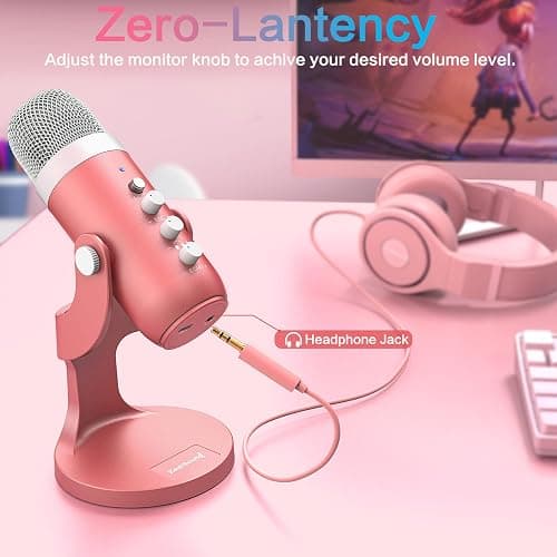 ZealSound Gaming USB Pink Microphone with Quick Mute for Phone Computer PC PS5,Studio Mic with Gain Control,Echo&Monitor Volume Adjust for Streaming Vocal Recording ASMR Podcast Video K66 thumbnail 4