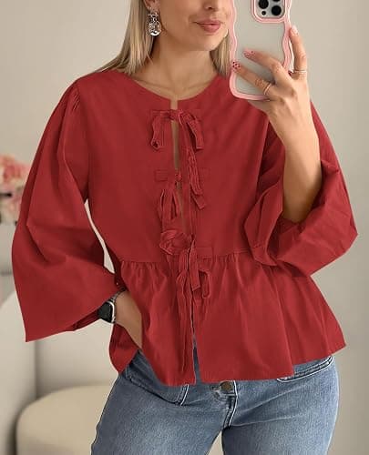 PRETTYGARDEN Women's Spring Fall Babydoll Peplum Blouse Shirt Puff Long Sleeve Bow Tie Front Trendy Cute Y2K Going Out Tops thumbnail 3
