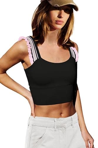 LAMISSCHE Womens Cropped Workout Tank Tops Padded Sports Bras High Support | Time Out Tank, High Impact Sports Bras, Striped Ruffle Strap, Gym, Yoga, Pilates, Running, Athletic Built In Bra Tank Tops - Image 1