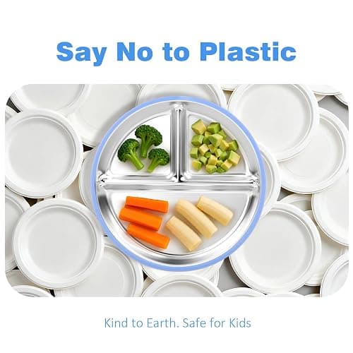 Bakpoco Stainless Steel Suction Plates for Toddlers, 8" Divided Kids Baby Plates with Removable Silicone Suction, Non Toxic Non Slip Portion Control Snack Dishes 3 Packs, Blue Gray Beige thumbnail 4