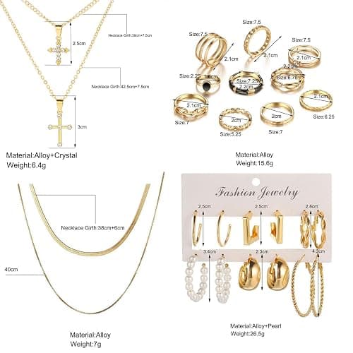 73 Pcs Gold Jewelry Set with 6Pcs Layered Necklace, 11 Pcs anklet and 7Pcs Earring Ear Cuff,12Hoop Earrings ,15pcs Rings,21pcs stud earrings Jewerly set for Women Pack for Friendship Party Gift thumbnail 2