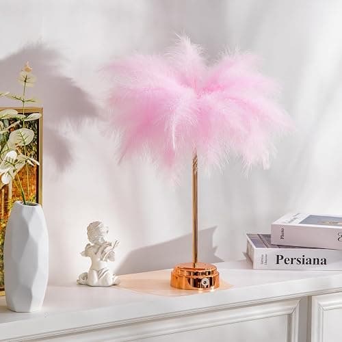BDUSXYZ Pink Feather Lamp - LED Atmosphere Feather Night Lights Bedside Lamps for Mother, Girlfriend Home Girl Room Wedding Decoration thumbnail 4