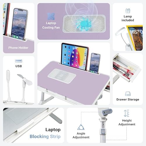 iXTRA Laptop Lap Desk Include Cooling Fan,Adjustable Lap Desk with Light Fan,Folding Laptop Desk for Bed with USB,Bed Desk with Storage Drawer 56x32cm,Purple thumbnail 4