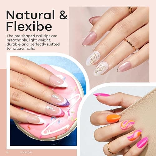modelones Short Almond Gel Nail Tips Kit, 9-in-One Nail Glue with Portable U V Lamp 216Pcs 12Sizes Pre-Etched Press ons Fake Acrylic Extension Kit DIY Salon Gift for Women thumbnail 2