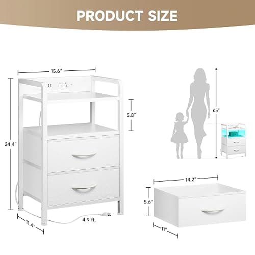 Lazzanto Nightstand with Rear Charging Station, LED Light, 2 Drawers, White | Industrial Nightstand, 2 USB-A Ports & AC Outlets, Raised Back Guard, Fabric Storage Drawers, Bedside Table for Bedroom, Dorm thumbnail 3