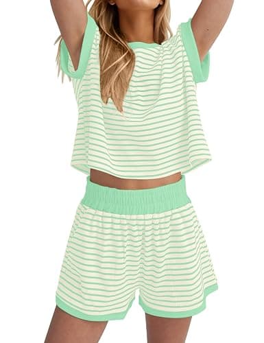 Burtell Women Summer 2 Piece Lounge Sets Striped Short Sleeve Tee Shirts Mini Shorts Loungewear Shorts Set Ribbed Pajama Set - Image 1