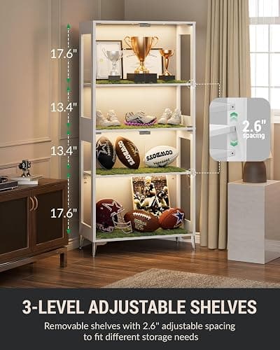 Display Cabinet with Glass Doors, 4-Tier, RGB Lights, Adjustable Shelves | Tempered glass doors; 2 adjustable shelves; app/remote RGB lighting; for collectibles, figures, trophies & books; white. thumbnail 2