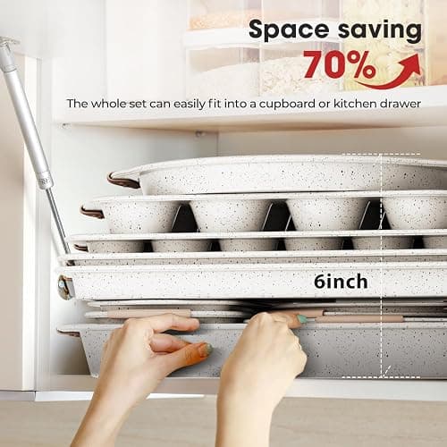 10-Piece Baking Pans Set Nonstick, Stackable Bakeware, Toxin-Free Baking Pans Set with Silicone Handles, Includes Cookie Sheets, Cake Pan, Loaf Pan, Pizza Pan, Muffin Pan, White&Khaki thumbnail 5