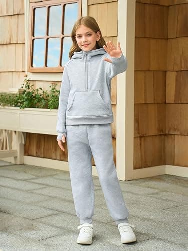 Girls 2 Piece Outfits Sweatsuit Kids Fleece Half Zip Hoodies Sweatshirt and Sweatpants Set with Pockets thumbnail 3