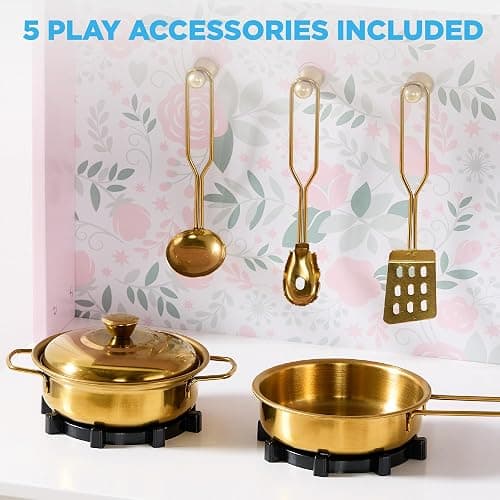 Best Choice Products Toddler Kitchen Playset, Wooden Cottage Kids Play Kitchen with 5 Accessories, Toy Storage, Scalloped Edge, and Pretend Play Microwave, Oven, Clicking Knobs - Pink thumbnail 7