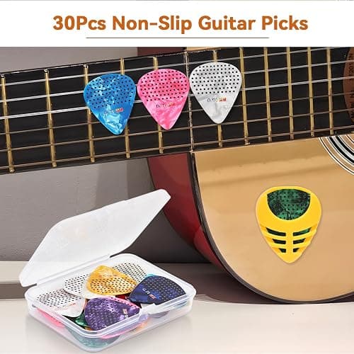 30 Packs Guitar Picks with Grips Non-slip, Includes Thin Medium Heavy Guitar Pick 0.46 0.71 0.96mm, Variety Colorful with Holder and Storage Case for Acoustic Electric Guitar Bass Ukulele thumbnail 6