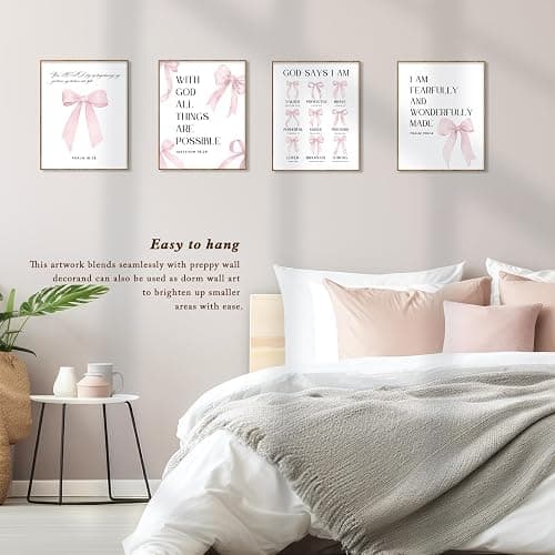 BONETAT Pink Bow Room decor Bible Verses Wall art Posters, Coquette Room Decor and Pink Room Decor For Teen Girls, 8x10 inch girl bathroom decor aesthetic poster with gift box packaging Set of 4 pcs- A02 thumbnail 6