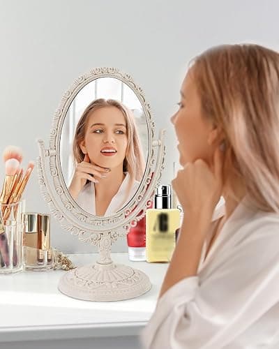XPXKJ Vintage Vanity Mirror Shabby Chic Decor | 360° Rotating Double-Sided Table Makeup Mirror with Stand Bedroom Decoration Perfect for Tabletop, Desk, or Makeup Station thumbnail 6