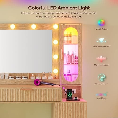 BTHFST Fluted Makeup Vanity Desk with Large 31.5" Mirror and Lights, 46.1" Wood Vanity with Charging Station & RGB Lights, Dressing Table with 6 Drawers & Cabinet & Shelves, Oak thumbnail 4