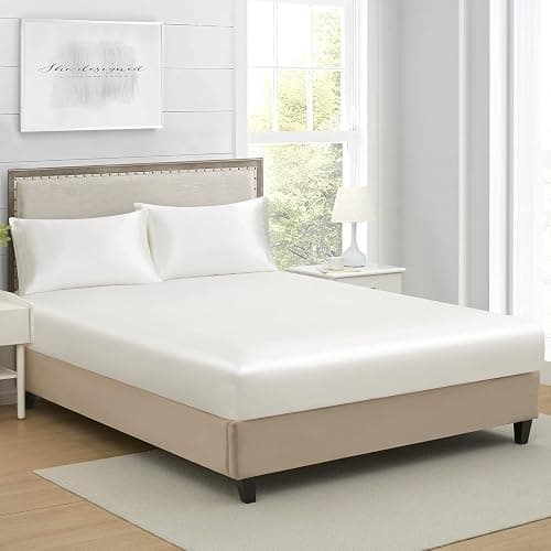 Twin Silk Satin Fitted Sheet, Soft Deep Pocket Single Bottom Bed Sheets Sold Separately, Wrinkle Free, Non- Fading, Breathable, Fully Elasticized(Twin Size, Ivory White) - White - Twin - Image 1