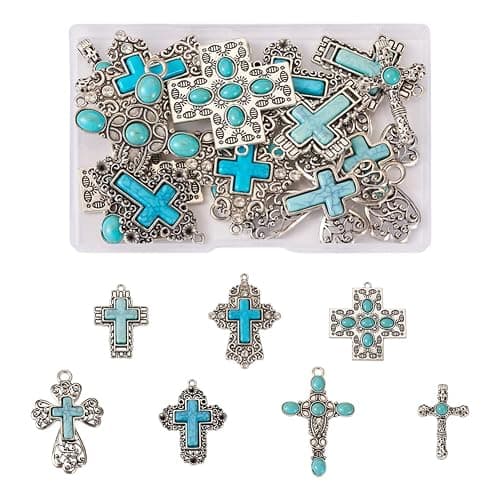 Spritewelry 14Pcs 7 Styles Turquoise Pendant Gemstone Cross Charms Tibetan Vintage Large Pendant Retro Religion Stone Dangle Charms for Big Earrings Necklace Keychain Jewelry Making DIY Crafts - Image 1