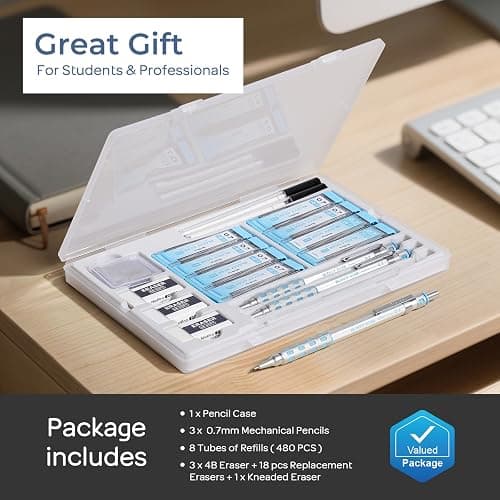 Nicpro 3 Pack Blocky Gear 0.7 mm Metal Mechanical Pencils Set with Case, Lead Drafting Pencil with 8 Tube (480PCS) Lead Refills(HB 2B), 4 Erasers, 18 Eraser Refills for Art Writing, Sketching Drawing thumbnail 6