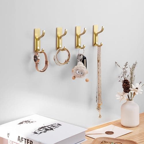 pickpiff Adhesive Wall Coat Hooks - Heavy Duty Stick-On Door Hanger, Metal Hook for Hanging Towel,Purse, Robe, Backpack, Jacket, Clothes - for Bathroom,Dorm, Closet, Kitchen - Gold, 4 Pack thumbnail 6