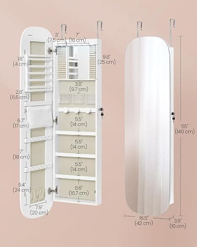 SONGMICS Jewelry Organizer, LED Jewelry Cabinet Wall/Door Mounted, Lockable Rounded Wide Mirror with Storage, Interior Mirror, 3.9 x 16.5 x 55 Inches, White Surface with Greige Lining thumbnail 2