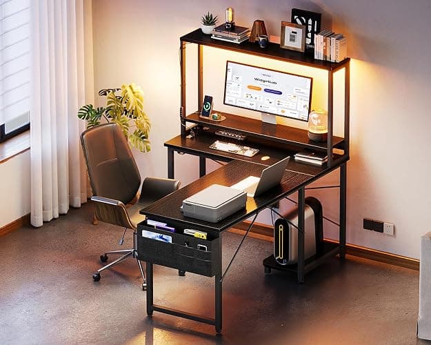 ODK 43" L Shaped Gaming Desk with Shelves, LED & Outlets, Black | Reversible L-shape. LED gaming lights & USB. Headset hook & storage bag. Fits dorms, small bedrooms & compact apartments. thumbnail 8
